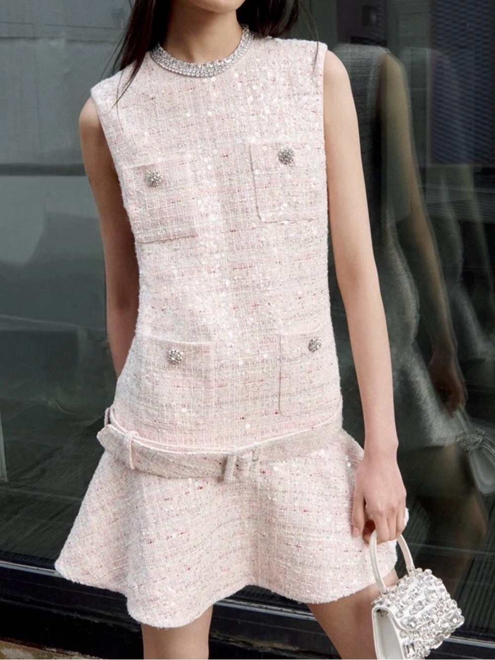 NWOT Self-Portrait Sleeveless Pink Tweed Pocket Dress with Belt, Size US 6